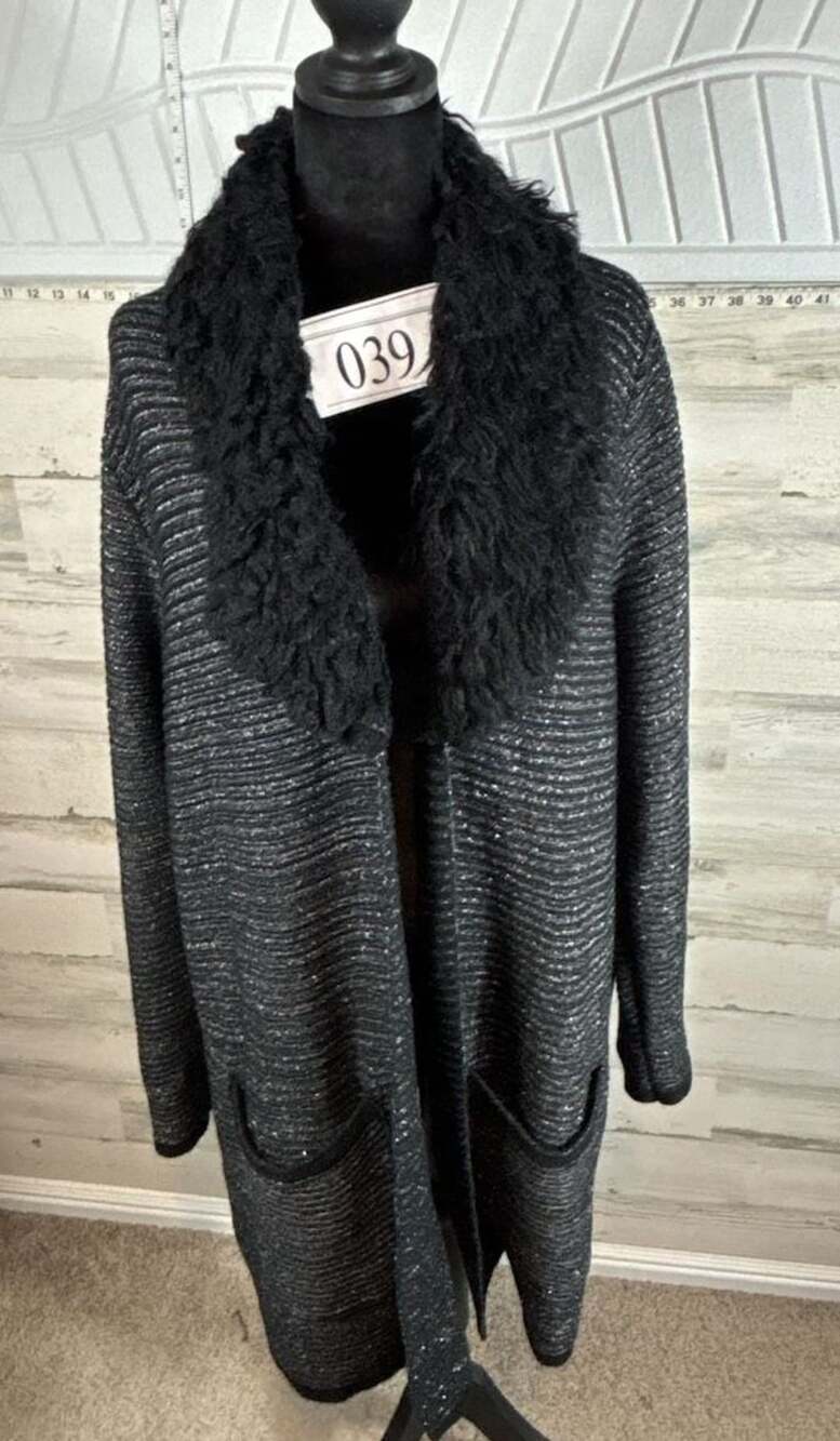 Black Rivet Cardigan Sweater Size XL Black Metallic Faux Fur Collar